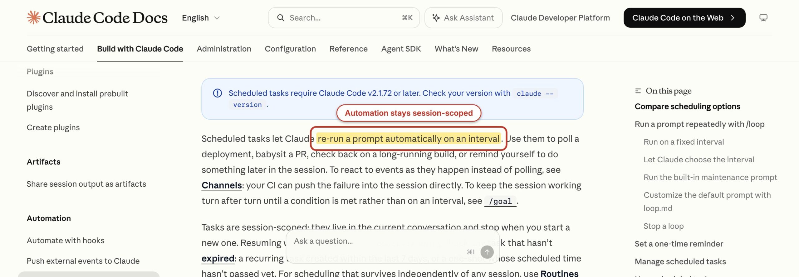 Claude Code scheduled tasks guide with automatic prompt reruns highlighted.