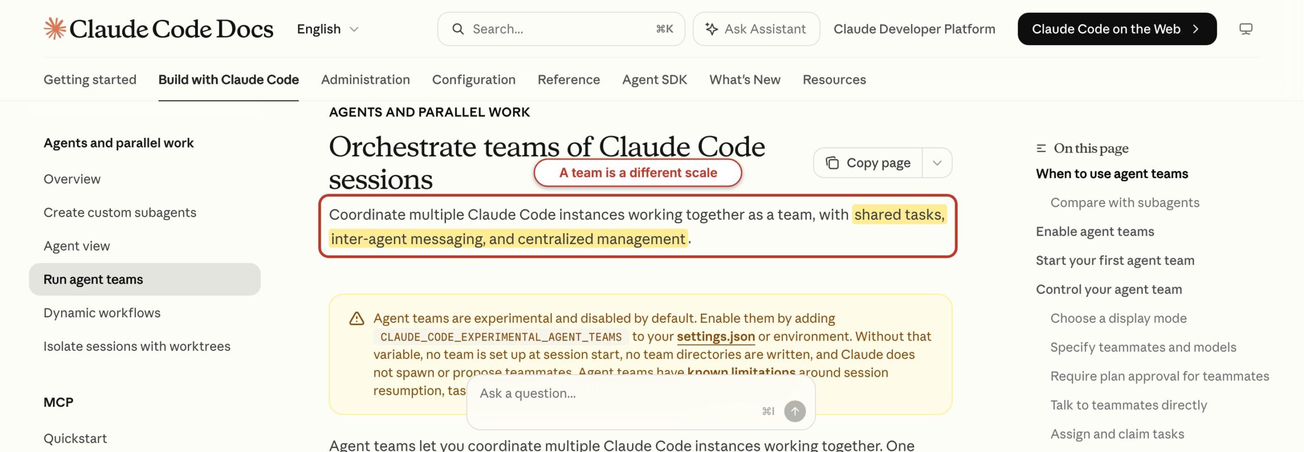 Claude Code agent teams documentation with shared tasks and inter-agent messaging highlighted.