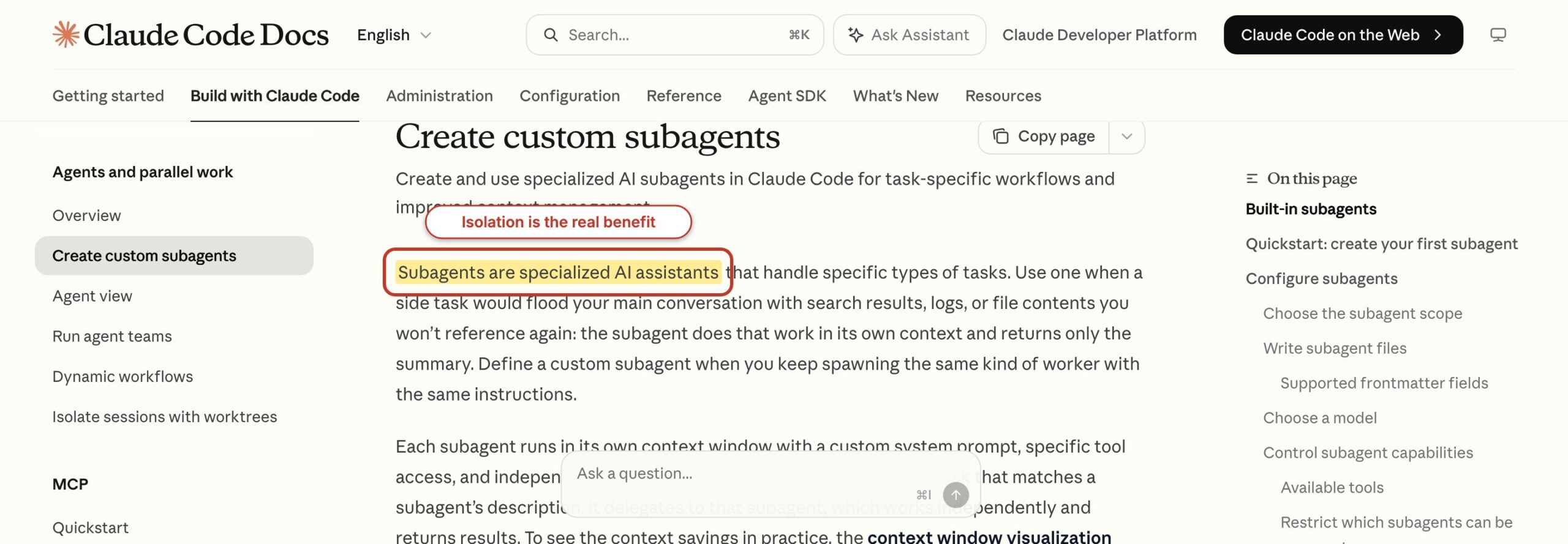 Claude Code subagent documentation with specialized isolated assistants highlighted.