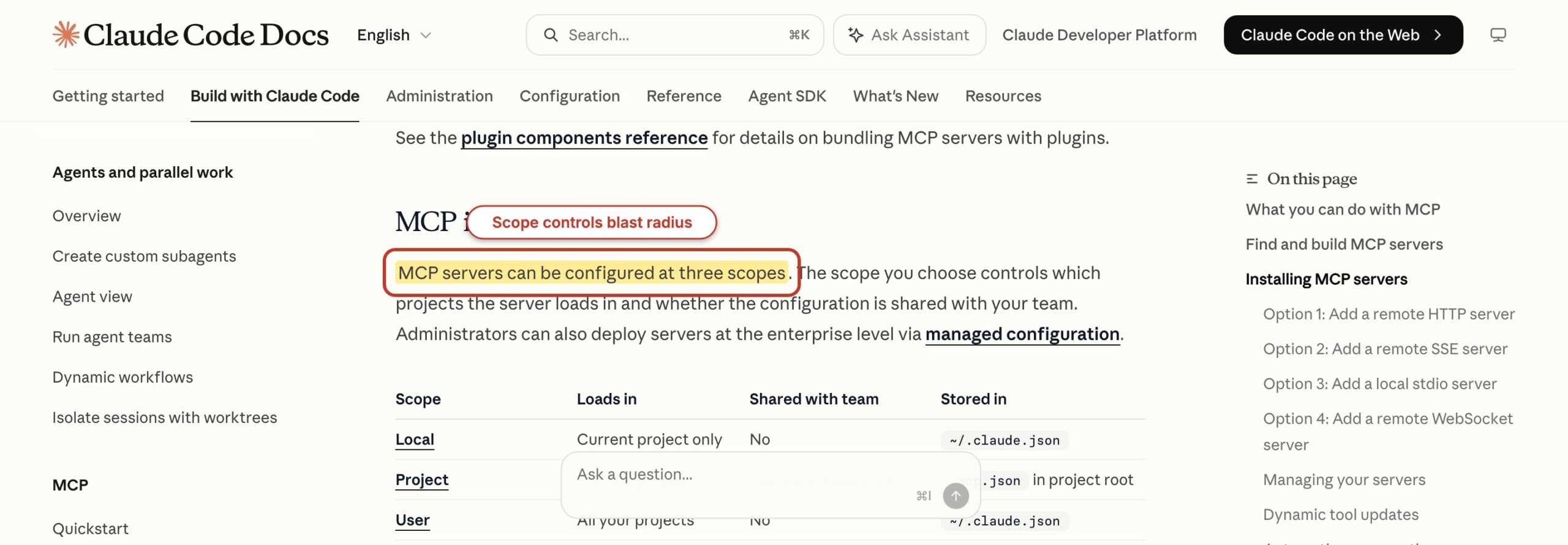 Claude Code MCP documentation with local, project, and user scopes highlighted.