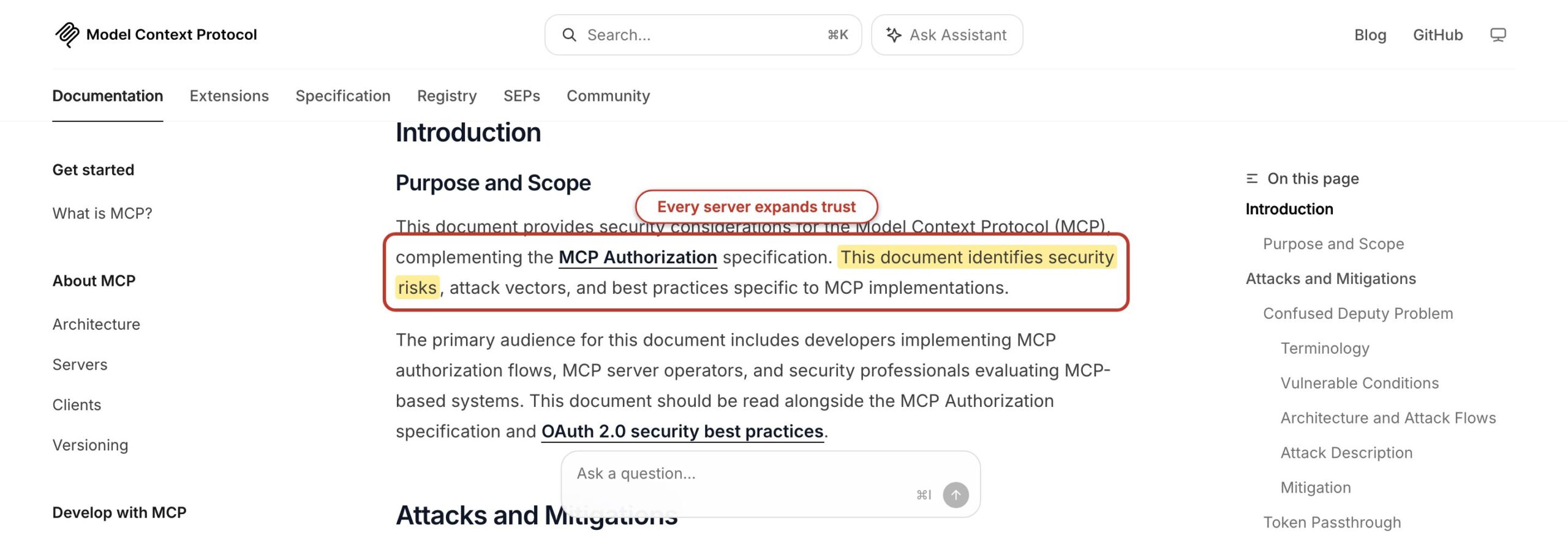 Model Context Protocol security guide with risks and attack vectors highlighted.