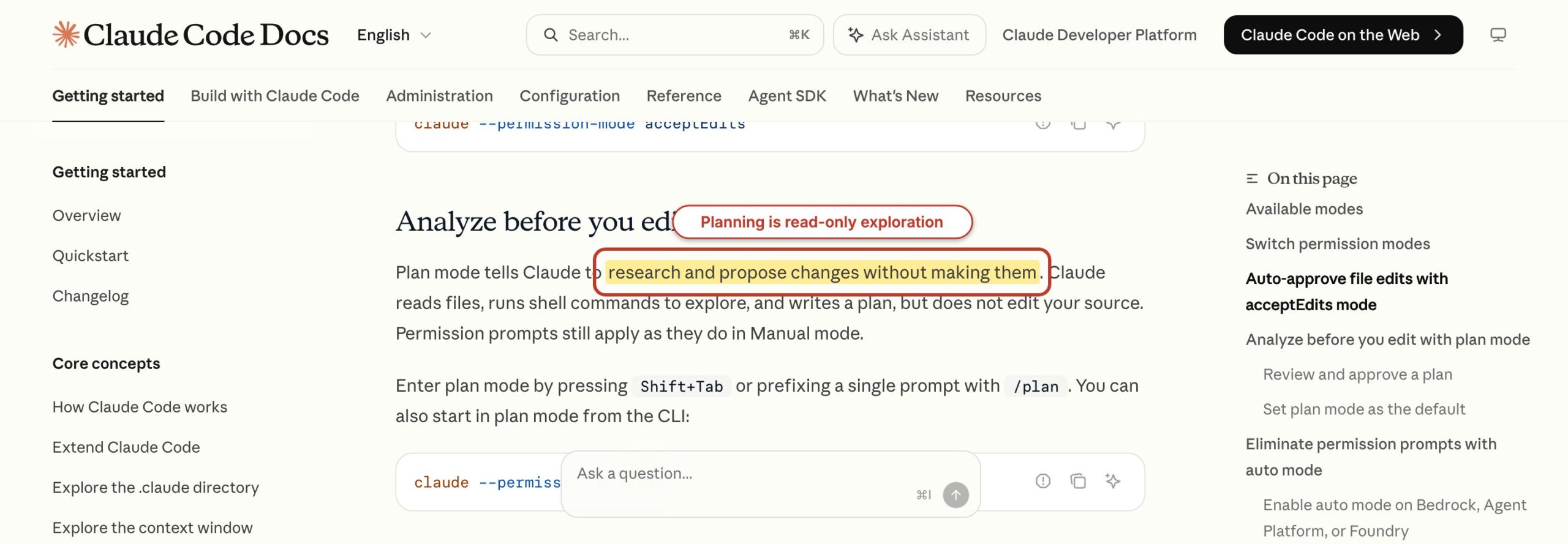 Claude Code Plan Mode documentation with read-only research and proposal behavior highlighted.