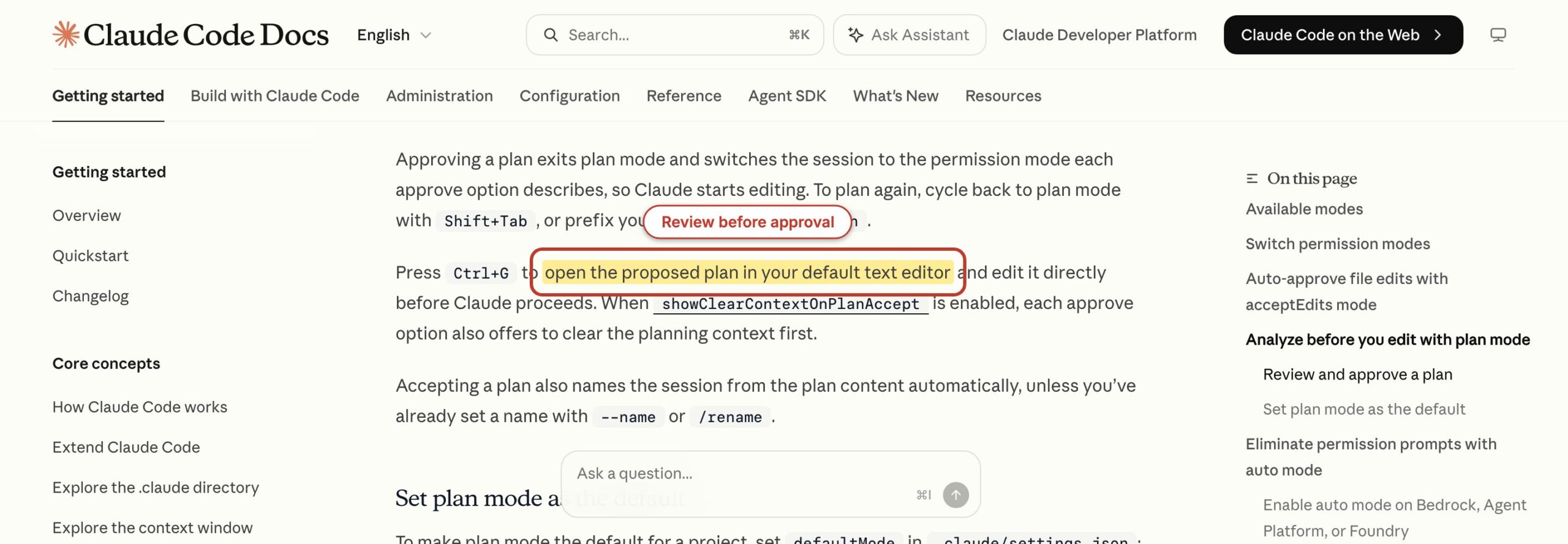 Claude Code Plan Mode documentation showing how to open and edit a proposed plan before execution.