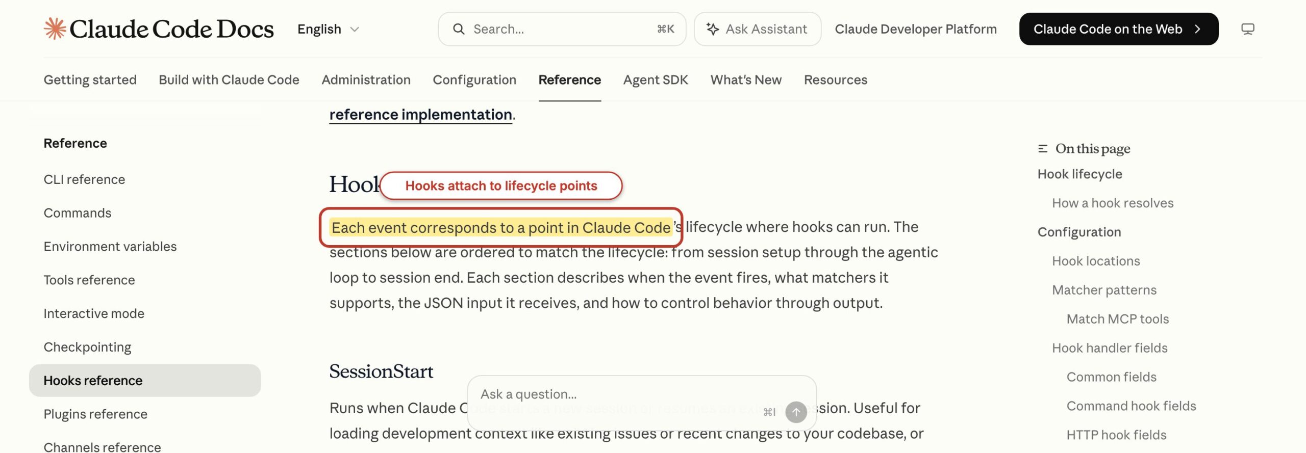 Claude Code hooks reference with lifecycle events highlighted.