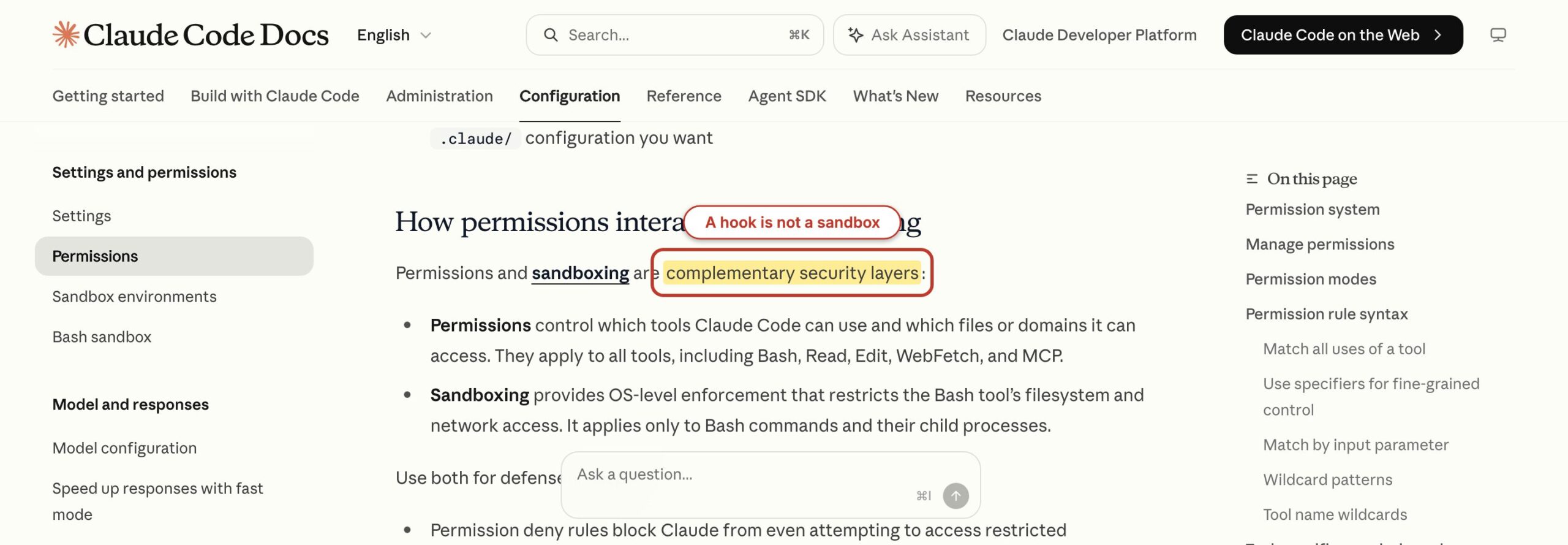 Claude Code permissions documentation showing permissions and sandboxing as complementary layers.