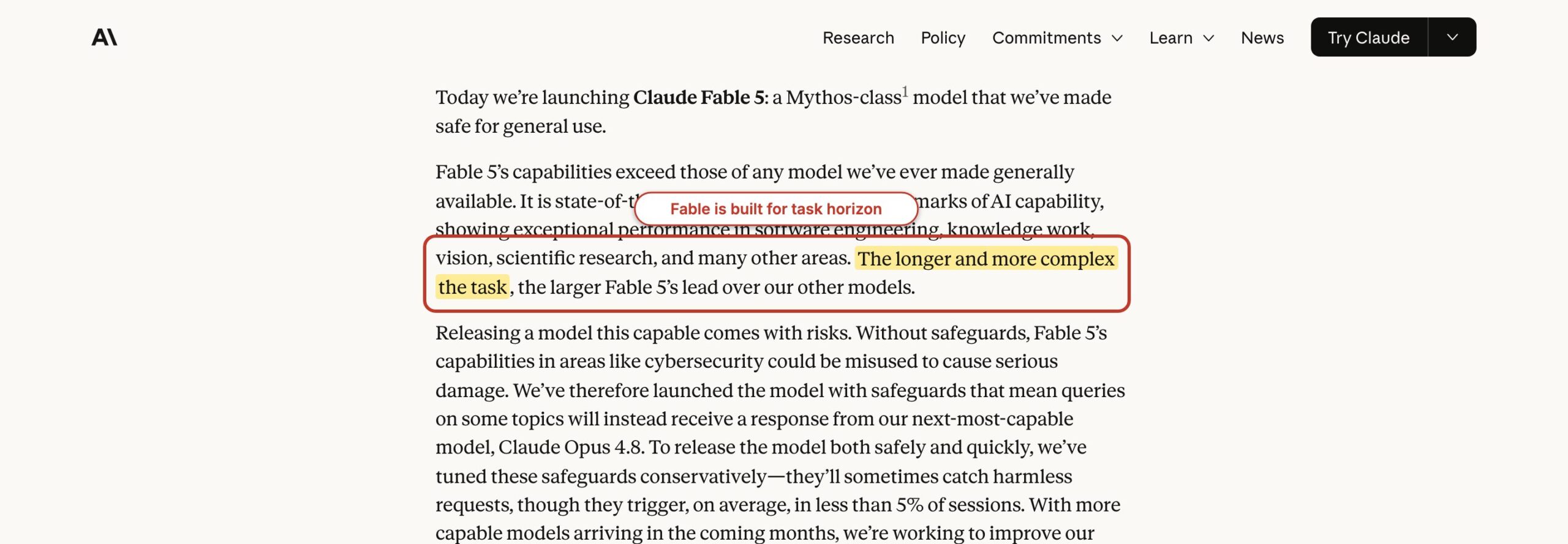 Anthropic's Claude Fable 5 announcement with its long-task claim highlighted.