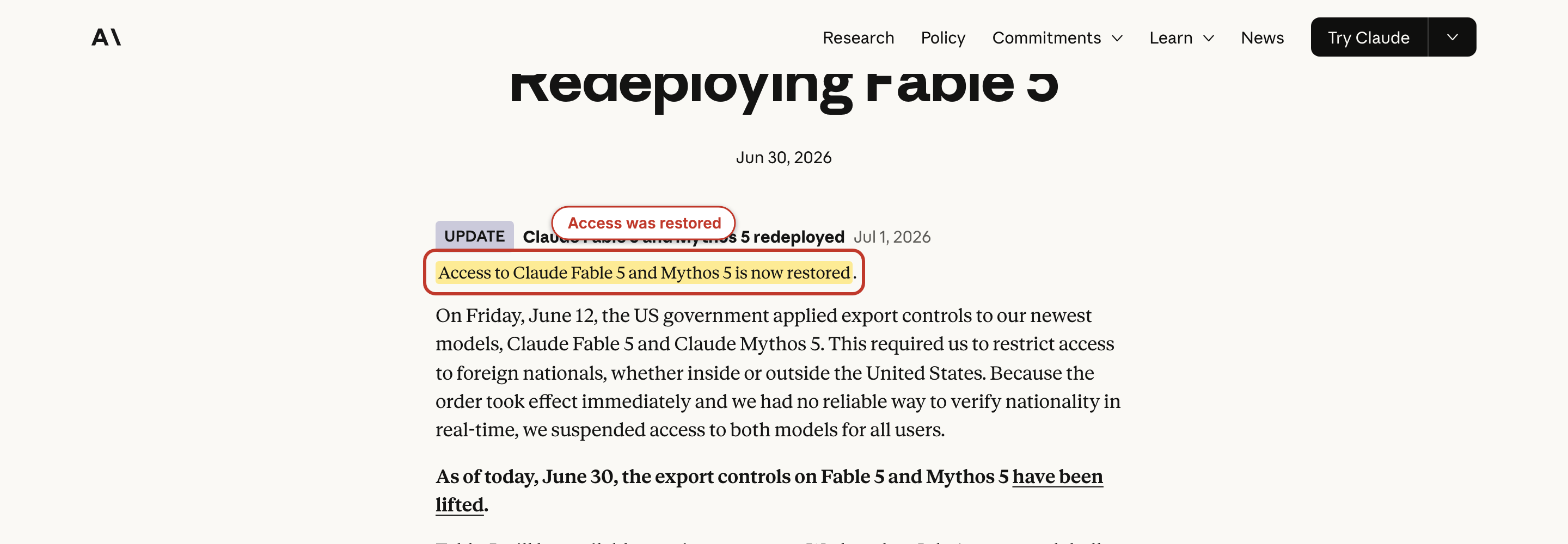 Anthropic redeployment notice showing that Claude Fable 5 access was restored.