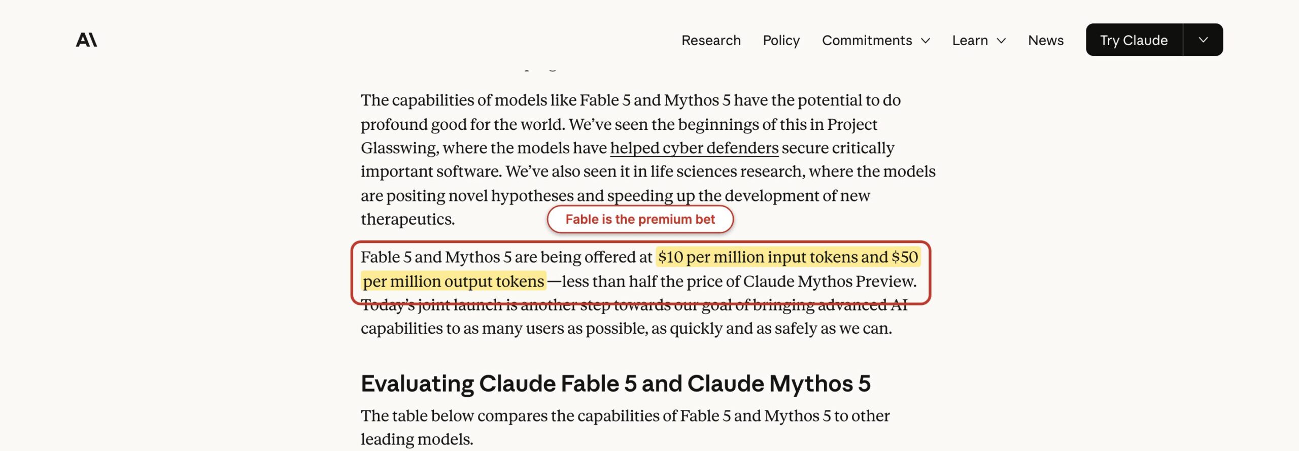 Anthropic Claude Fable 5 announcement with input and output token pricing highlighted.