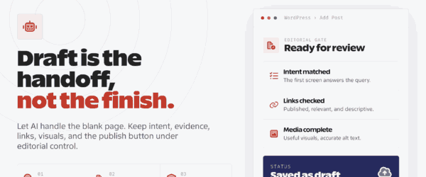 AI article writer for WordPress workflow moving a draft through research, editing, and SEO checks