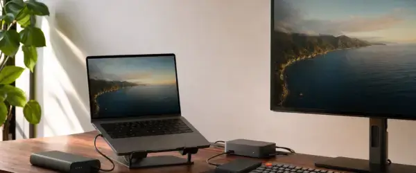 Best MacBook Pro accessories arranged around a laptop on a walnut work desk