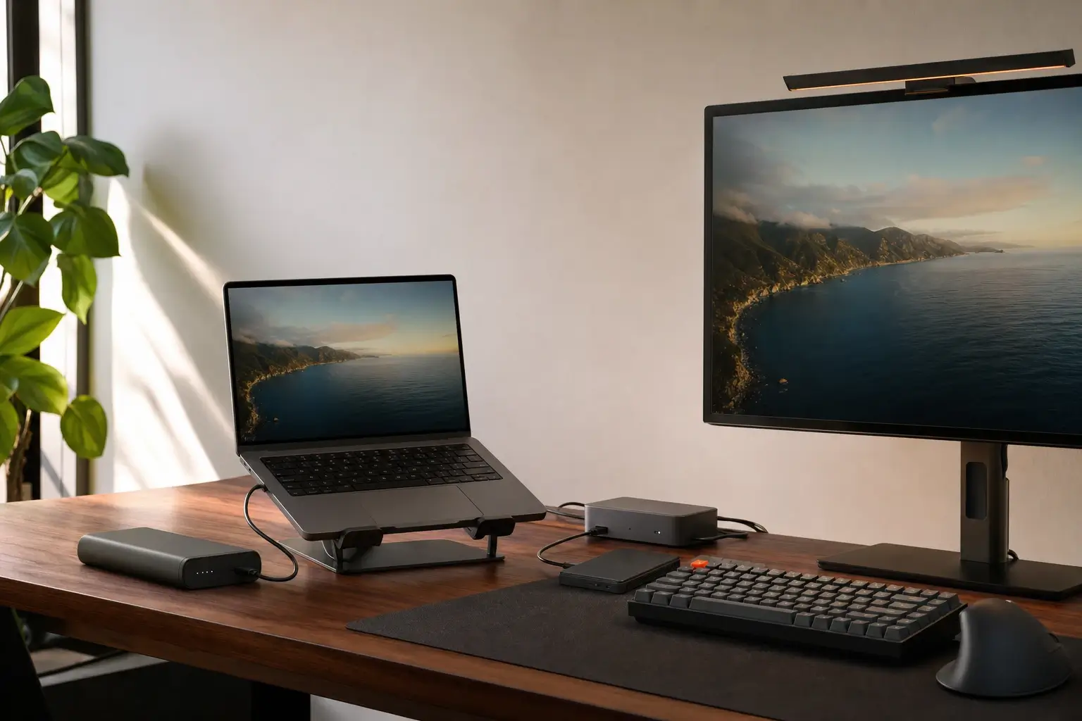 Best MacBook Pro accessories arranged around a laptop on a walnut work desk