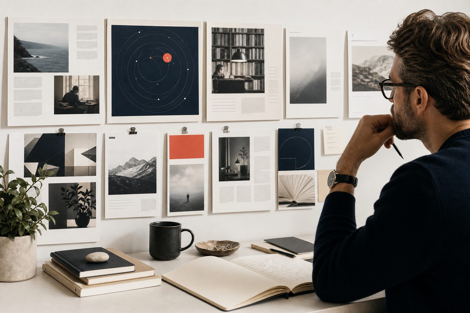 An editor reviewing a curated wall of publications and research notes for a guide to blogs worth following.