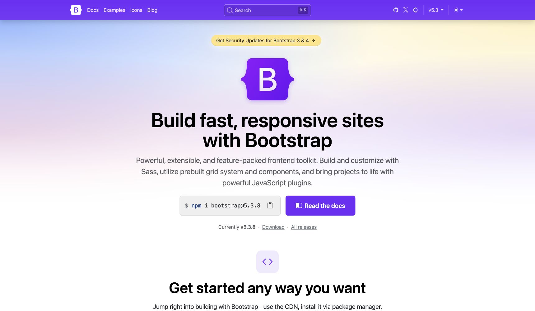 Bootstrap homepage with responsive components and JavaScript toolkit
