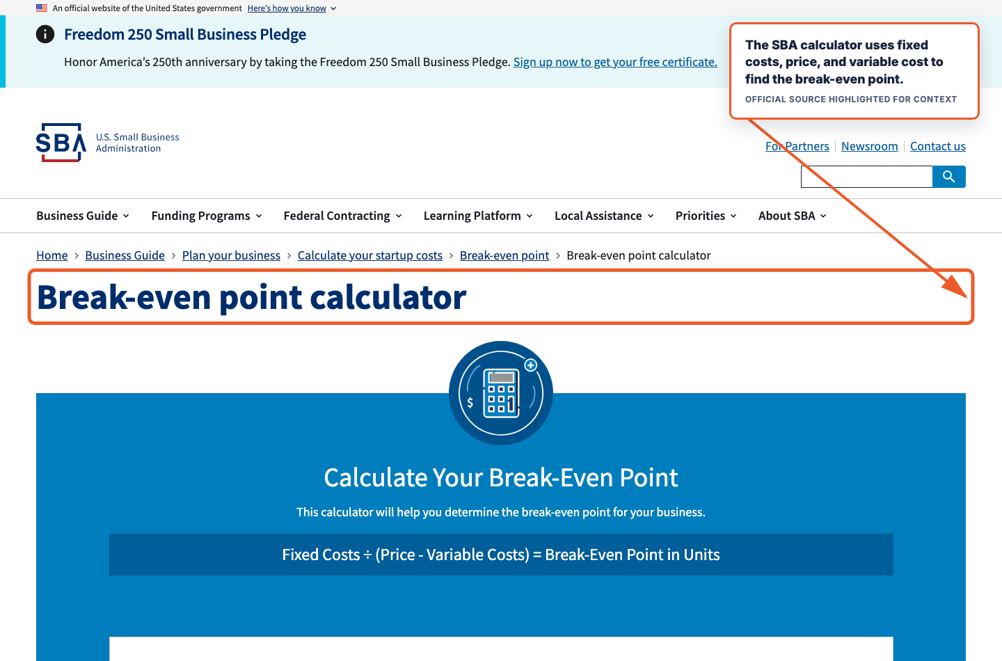 Annotated U.S. SBA break-even point calculator and its fixed-cost, price, and variable-cost method.
