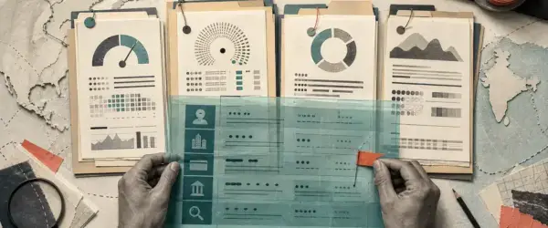 Business credit score audit shown as commercial credit files compared on a forensic finance desk