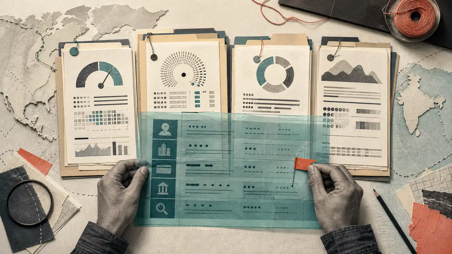 Business credit score audit shown as commercial credit files compared on a forensic finance desk
