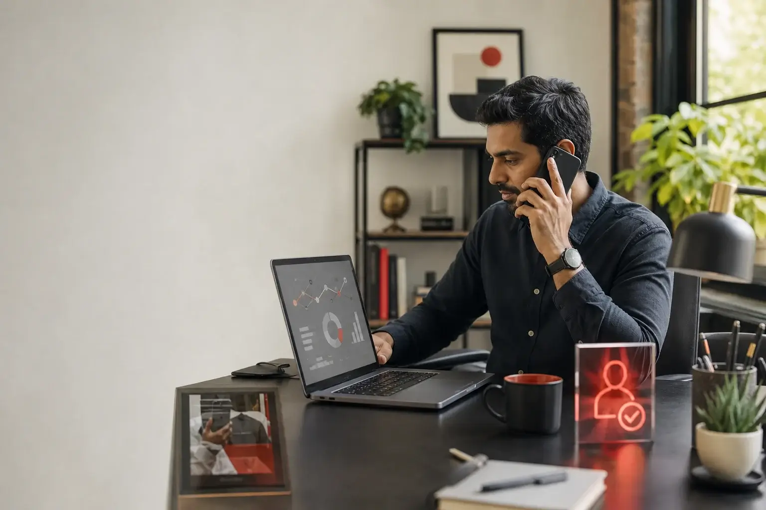Business owner reviewing call tracking attribution during a customer call