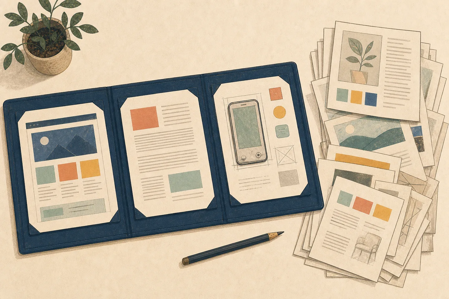 Three selected work samples arranged in a portfolio beside a larger stack of weaker pieces.