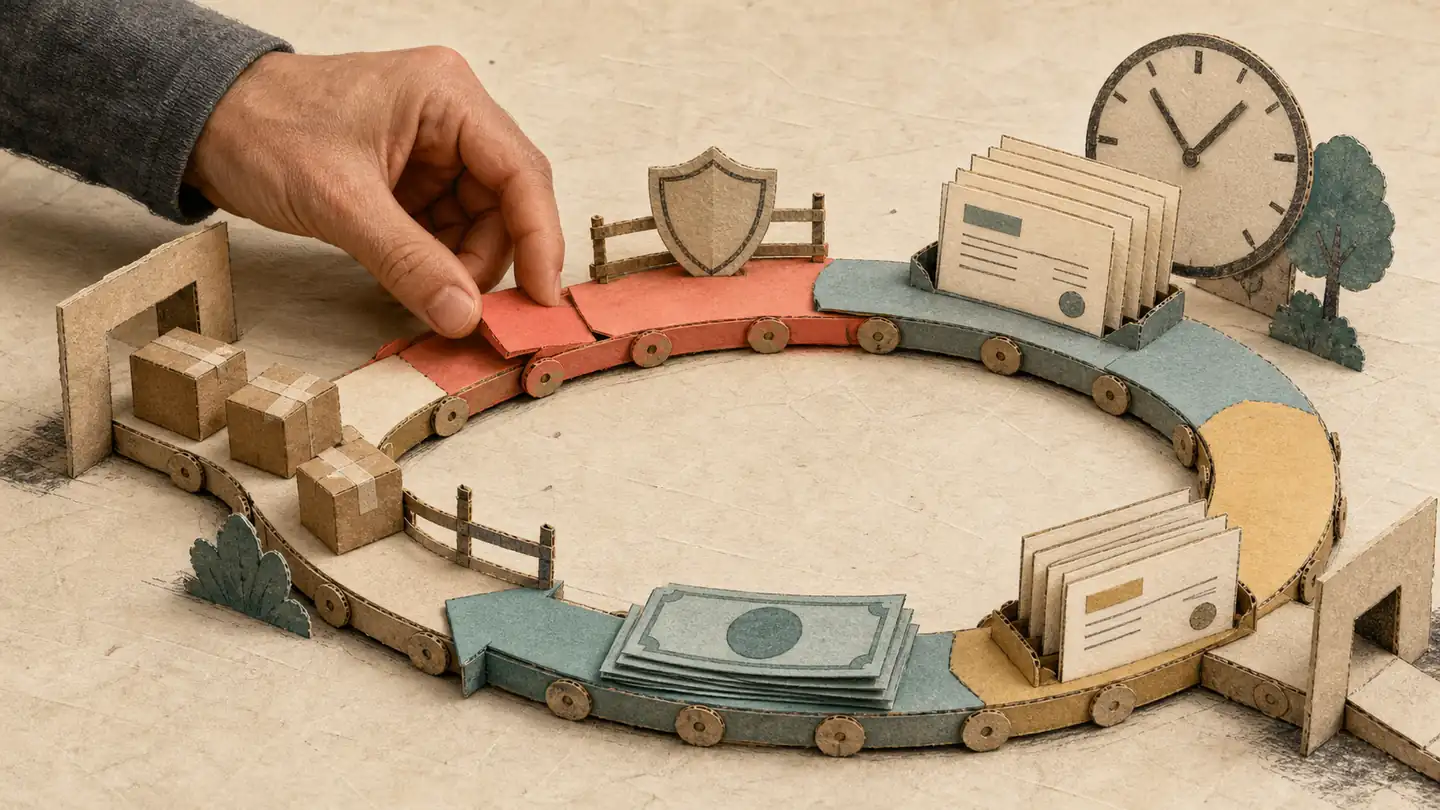 Cash conversion cycle shown as inventory, invoice, supplier payment, and collected cash moving around a workshop loop