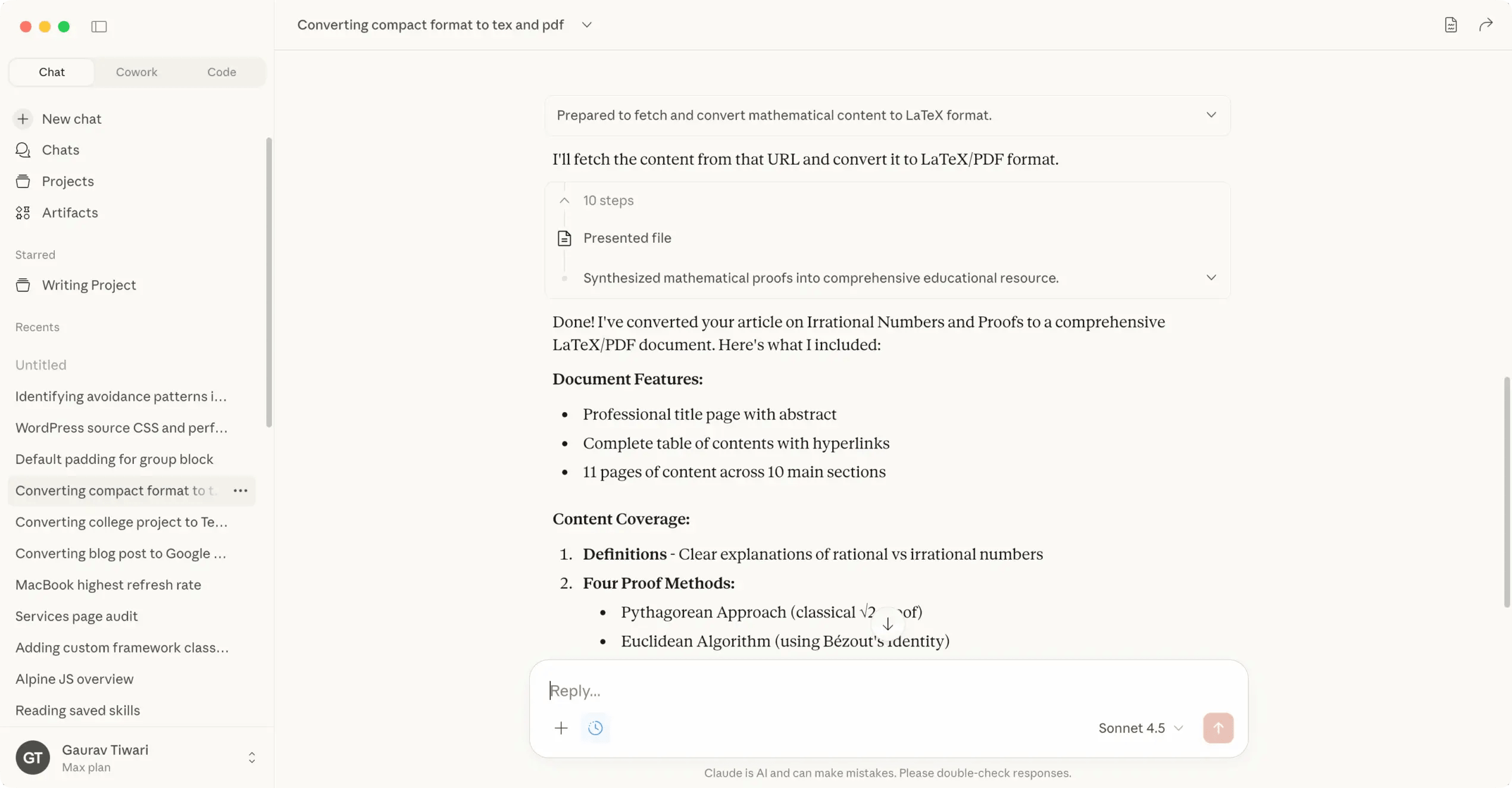 Claude desktop interface showing a completed document task and project navigation