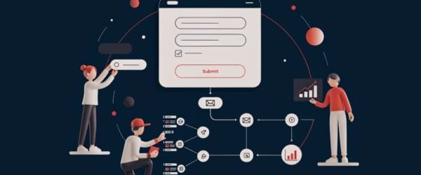 Contact form design workflow connecting a builder, developer, and marketer with validation, delivery, and analytics.