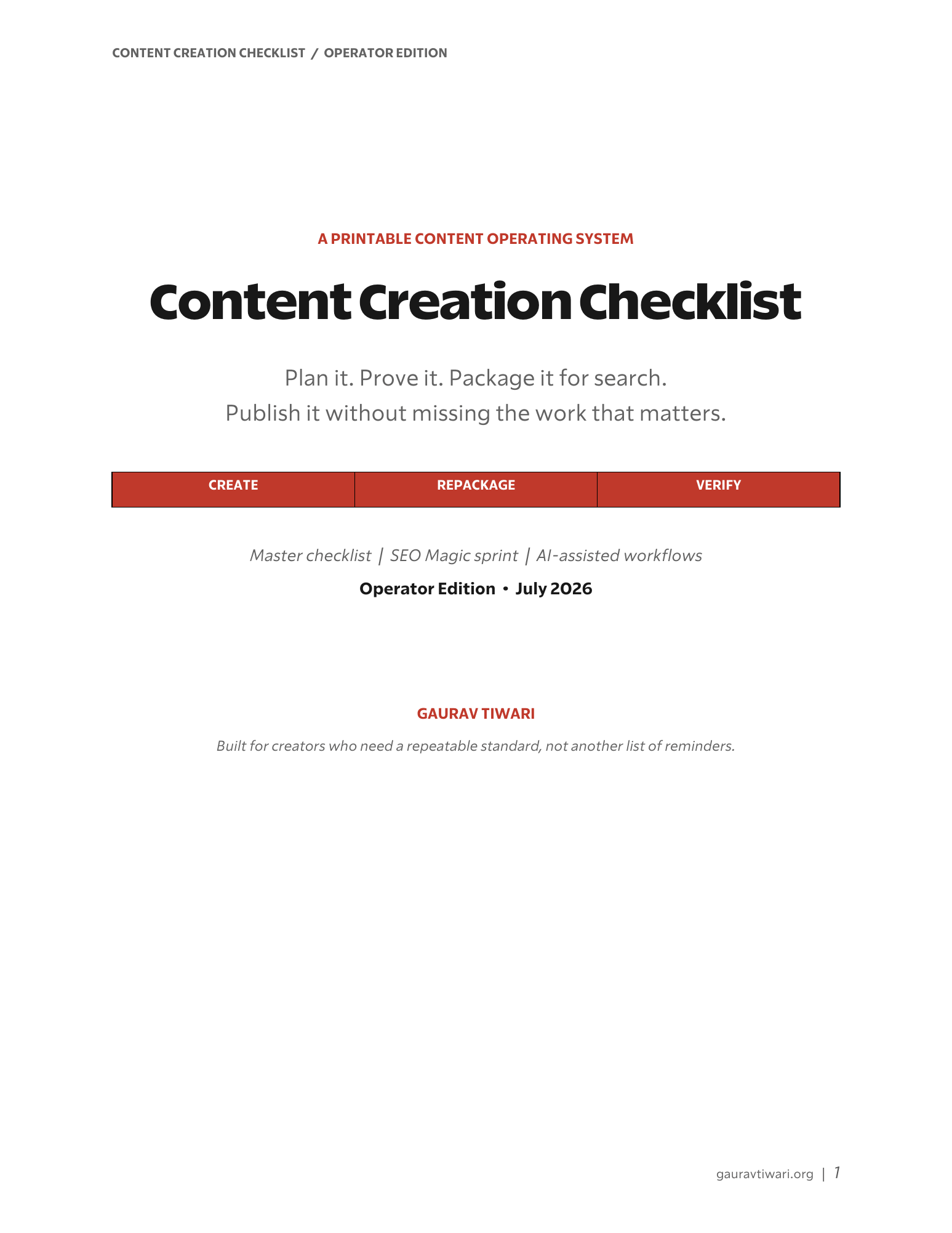 Content Creation Checklist Operator Edition cover by Gaurav Tiwari