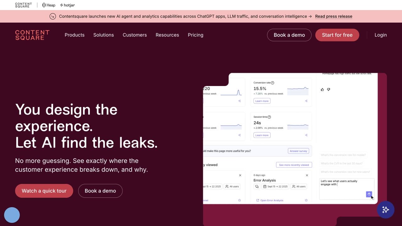Contentsquare homepage for experience intelligence, behavioral analytics, and AI leak detection