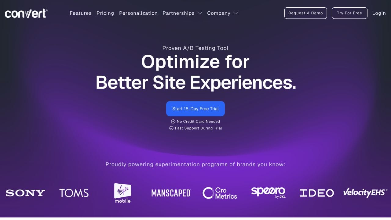 Convert Experiences homepage for privacy-conscious A B testing and website optimization
