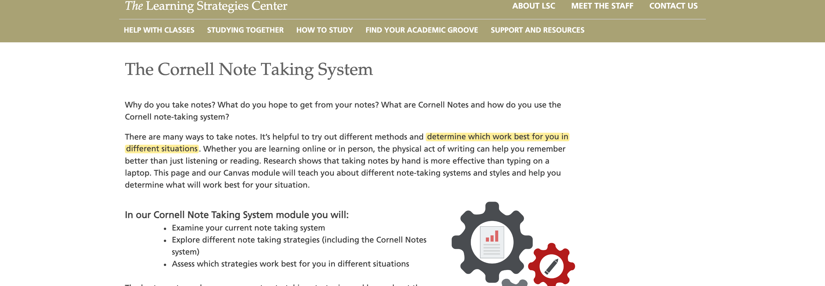 Cornell University note-taking guidance highlighting that students should choose methods for different situations
