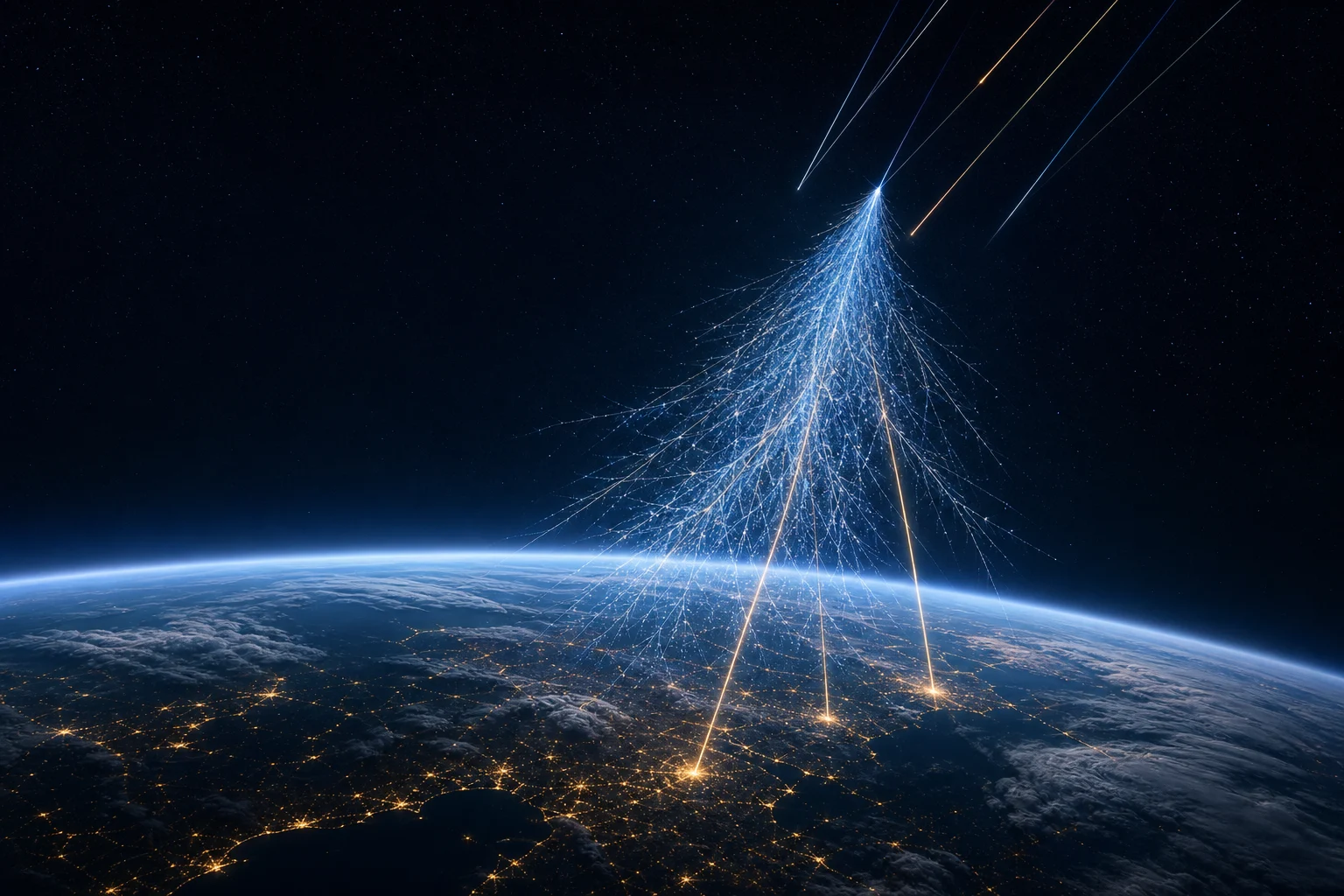 Cosmic radiation entering Earth's atmosphere and forming a particle shower