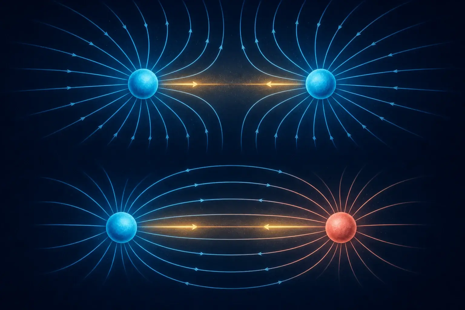 Coulomb's law showing electric attraction, repulsion, field direction, and separation