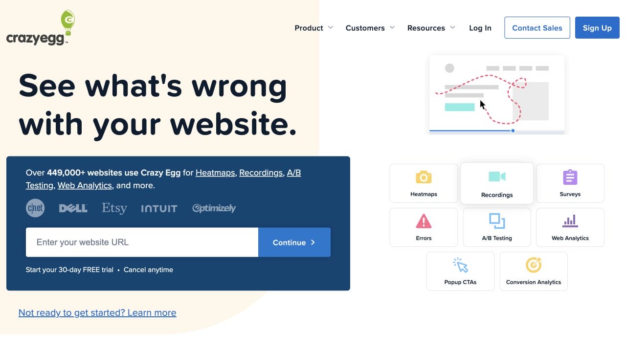 Crazy Egg homepage showing heatmaps, recordings, surveys, A B testing, and web analytics