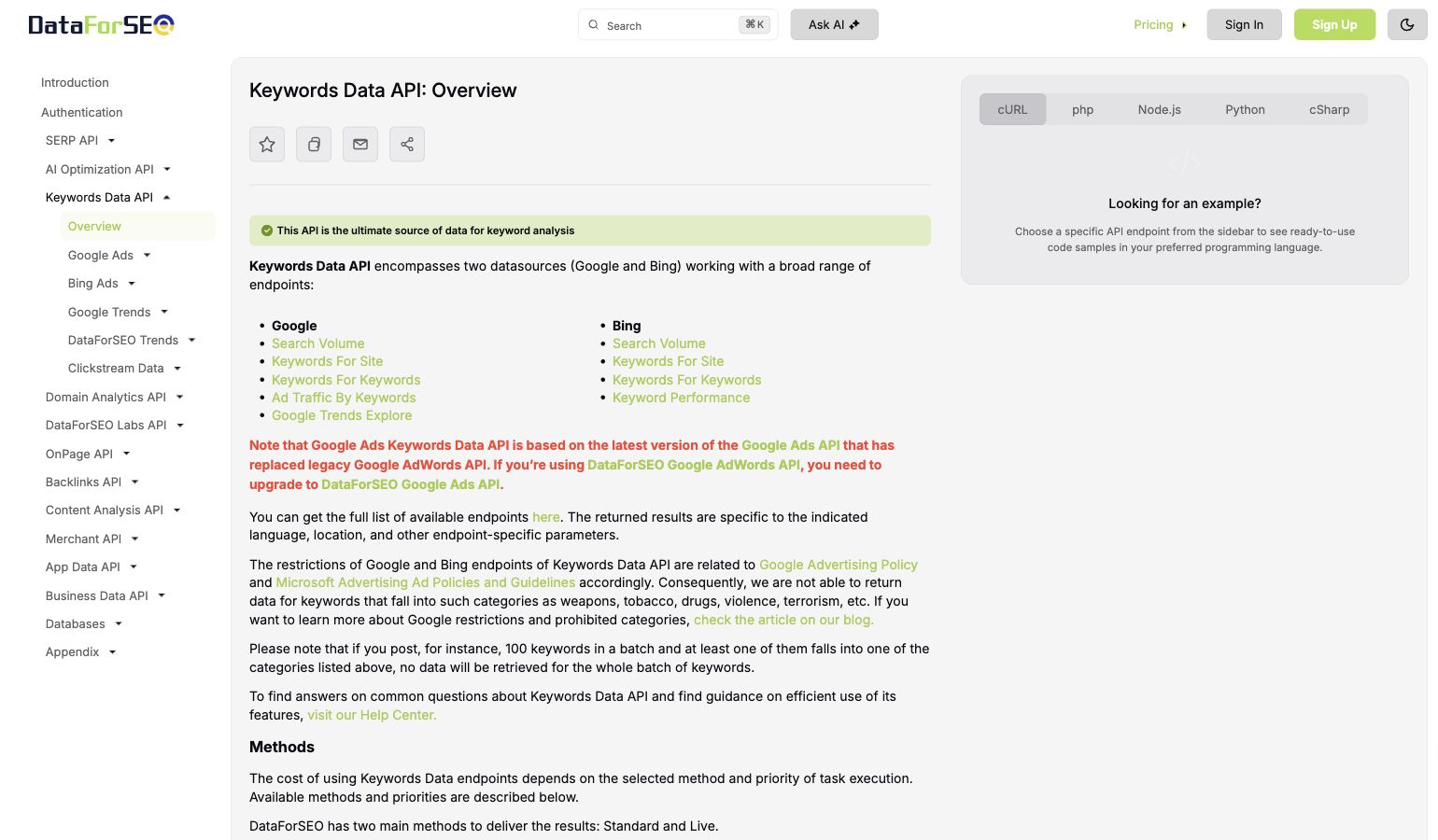DataForSEO Keywords Data API overview showing Google and Bing endpoints for search volume, keyword discovery, and traffic estimates.