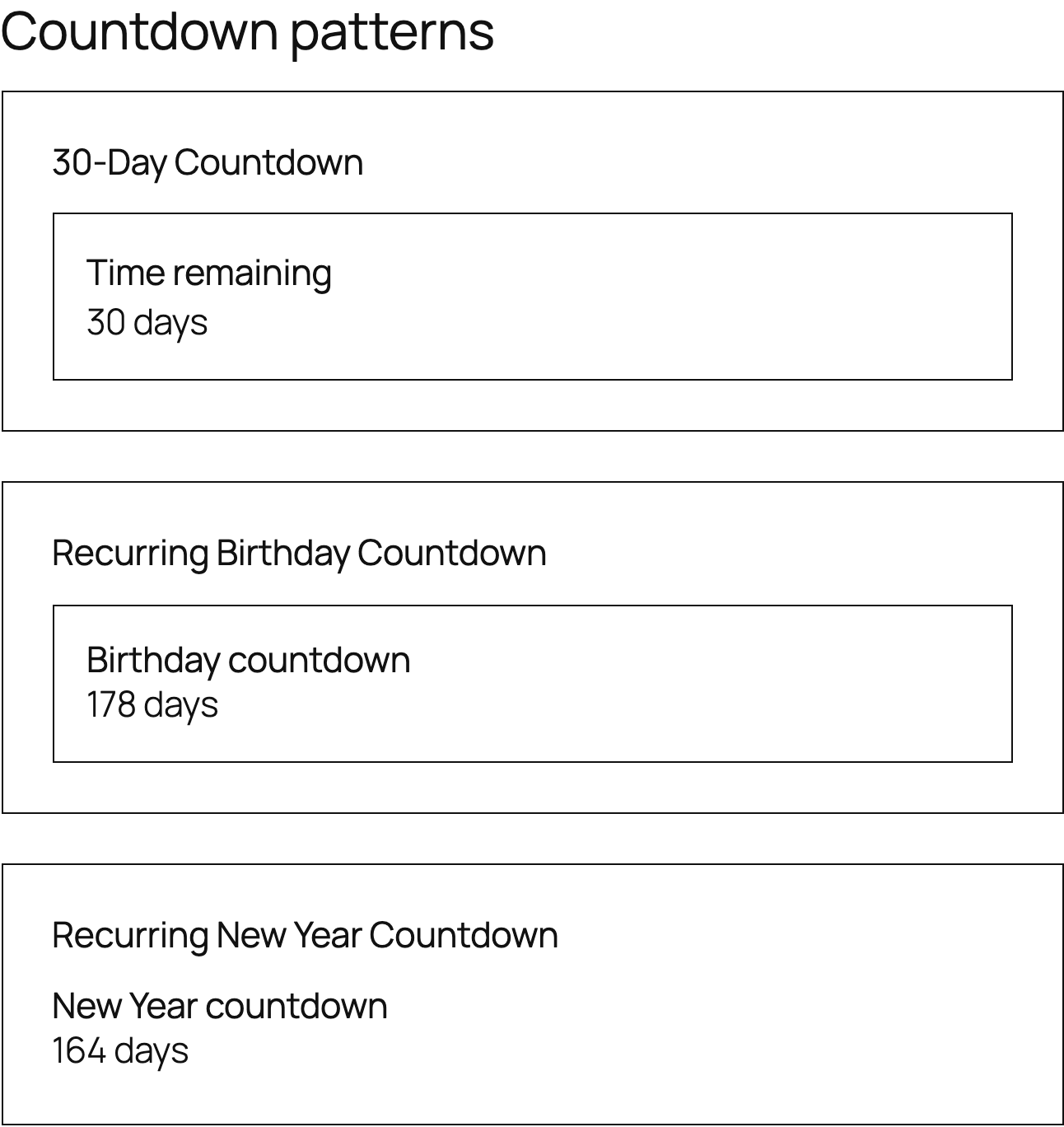 Three countdown patterns rendered in WordPress: 30-Day Countdown, Recurring Birthday Countdown, and Recurring New Year Countdown