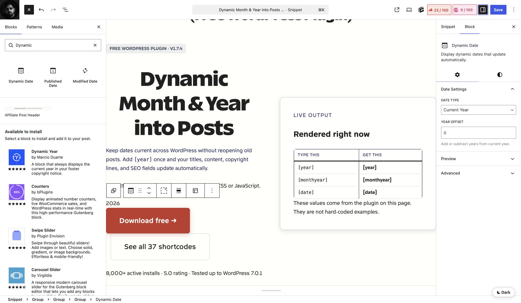 Dynamic Date block settings in the WordPress editor