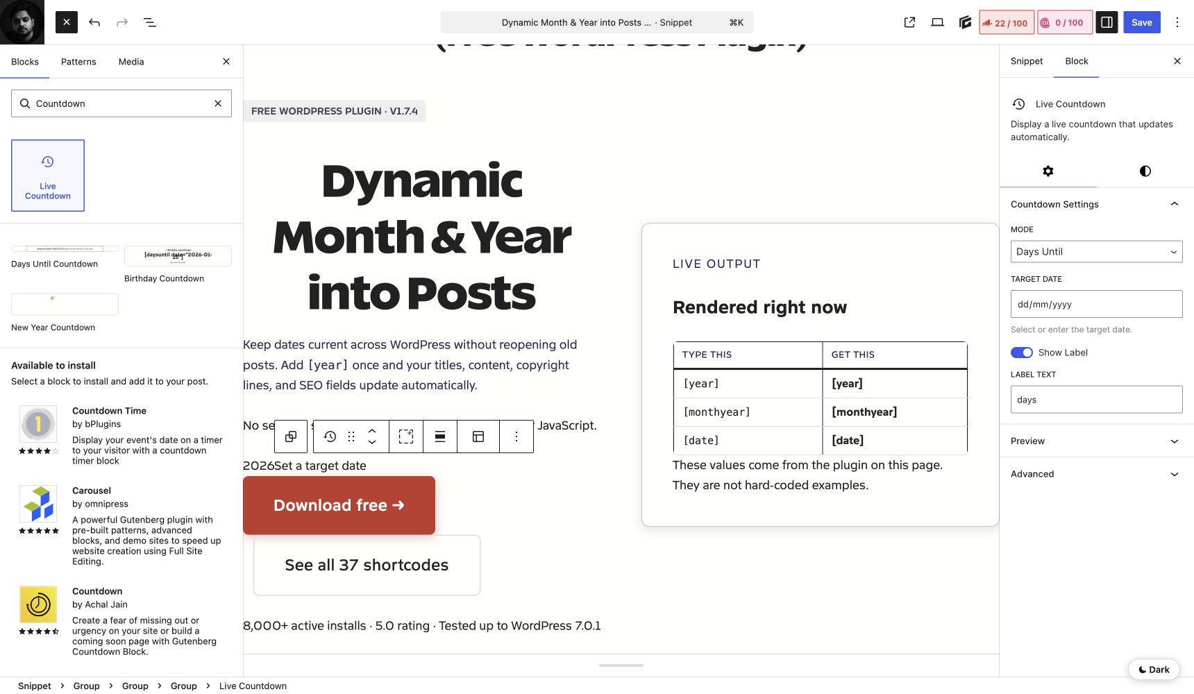 Live Countdown block settings in the WordPress editor