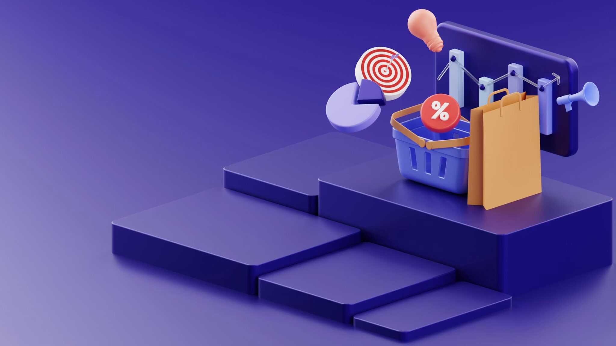 Three-dimensional ecommerce scene with a shopping basket, target, audience chart, and campaign analytics