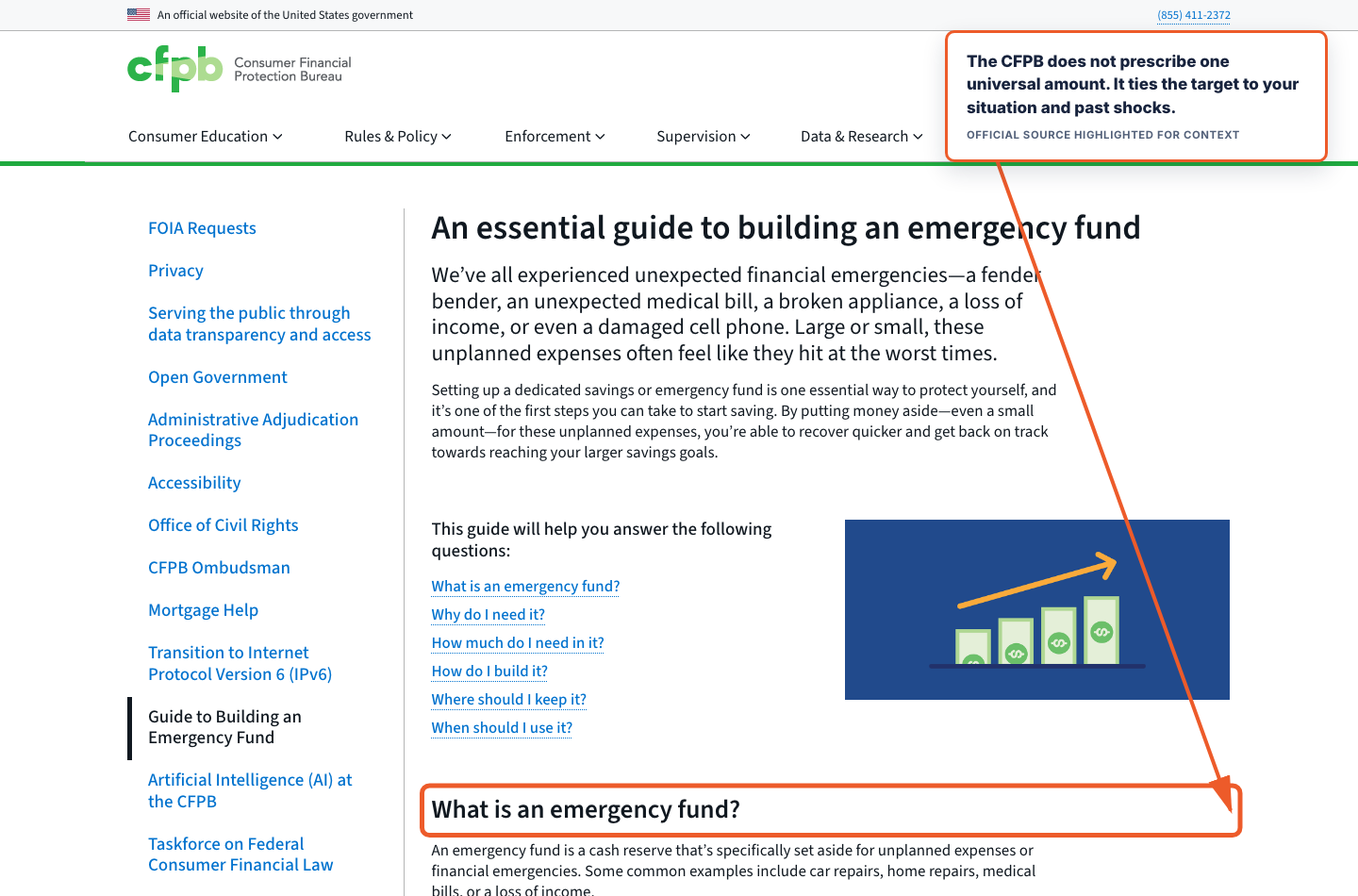 Annotated CFPB emergency fund guidance highlighting that the savings amount depends on the person's situation.