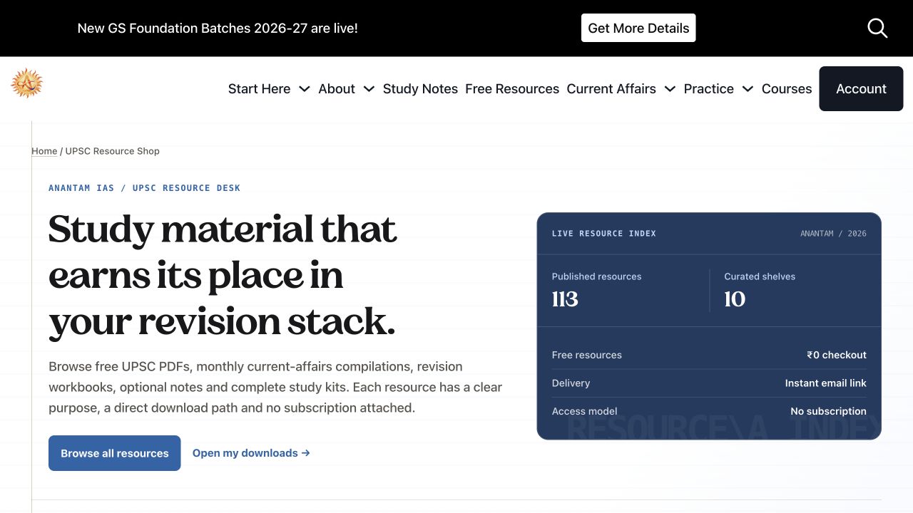 Anantam IAS FluentCart education store with searchable resources and free checkout