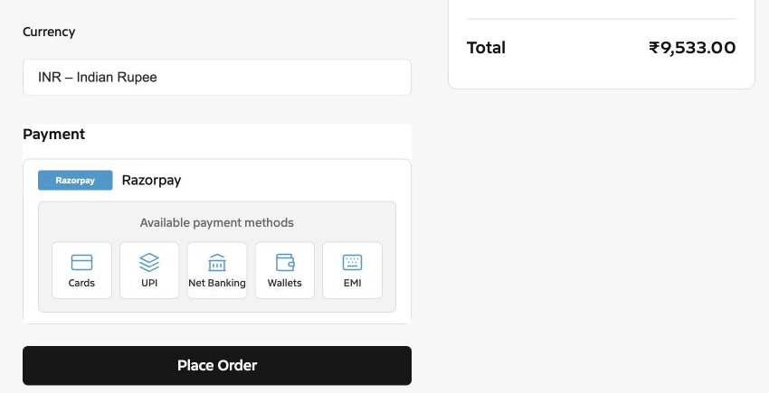 FluentCart checkout in INR with Razorpay payment methods including UPI and cards