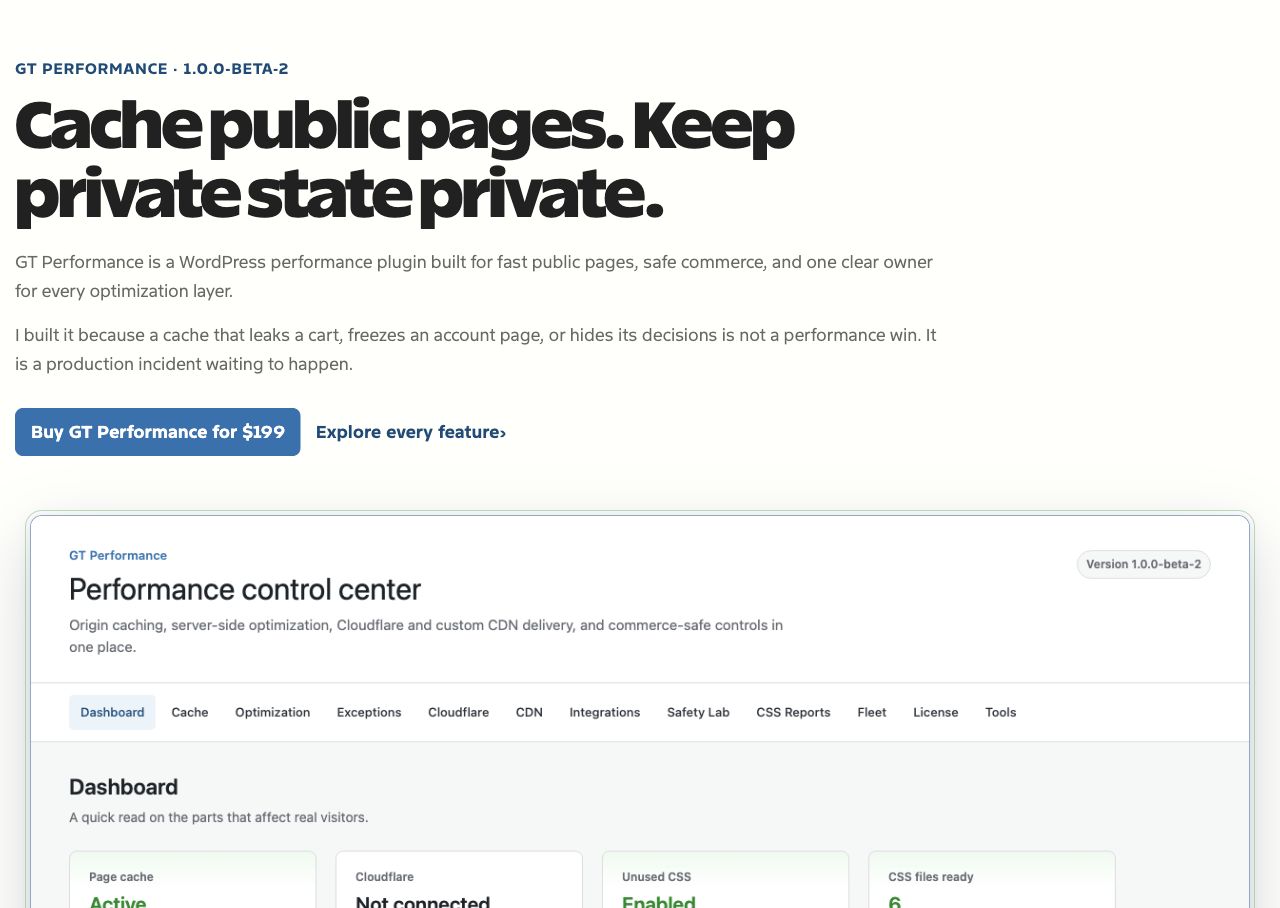 GT Performance product page with a $199 purchase button and plugin dashboard