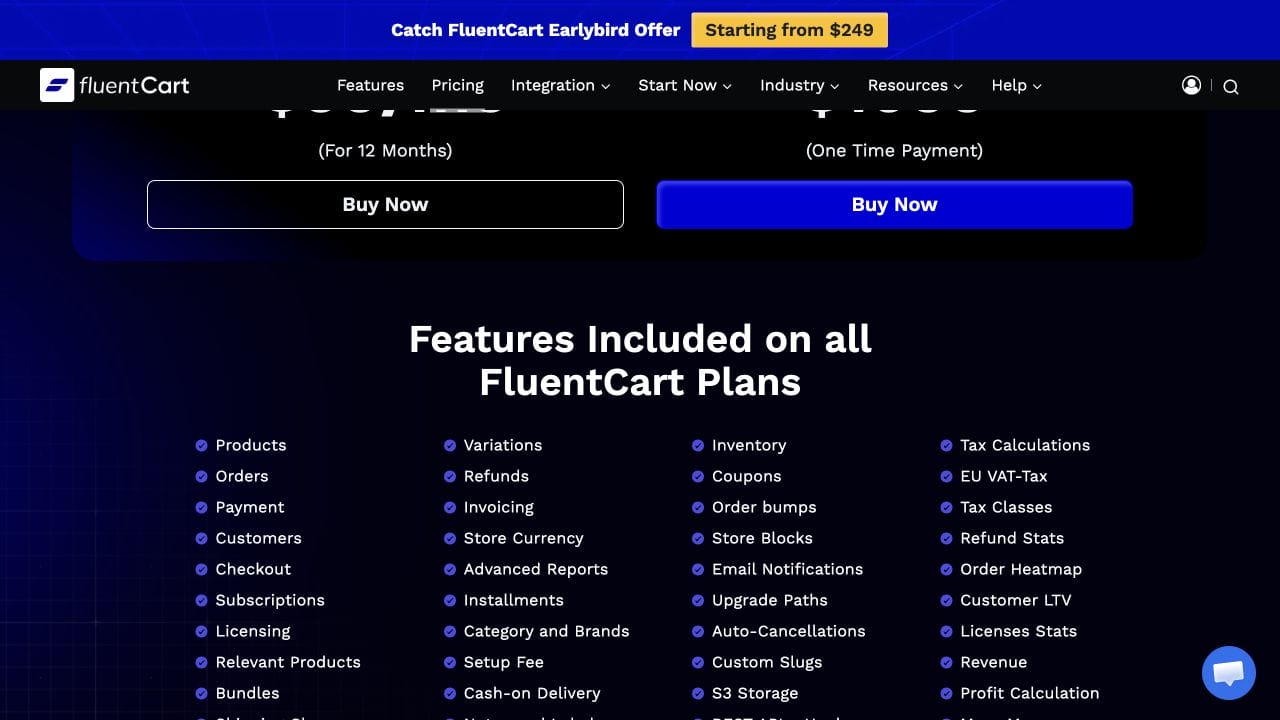 Official FluentCart plan features including subscriptions, licensing, reports, inventory, and order bumps