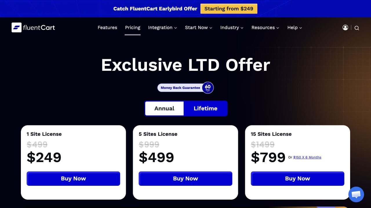 Official FluentCart pricing page with lifetime plans for one, five, and fifteen websites