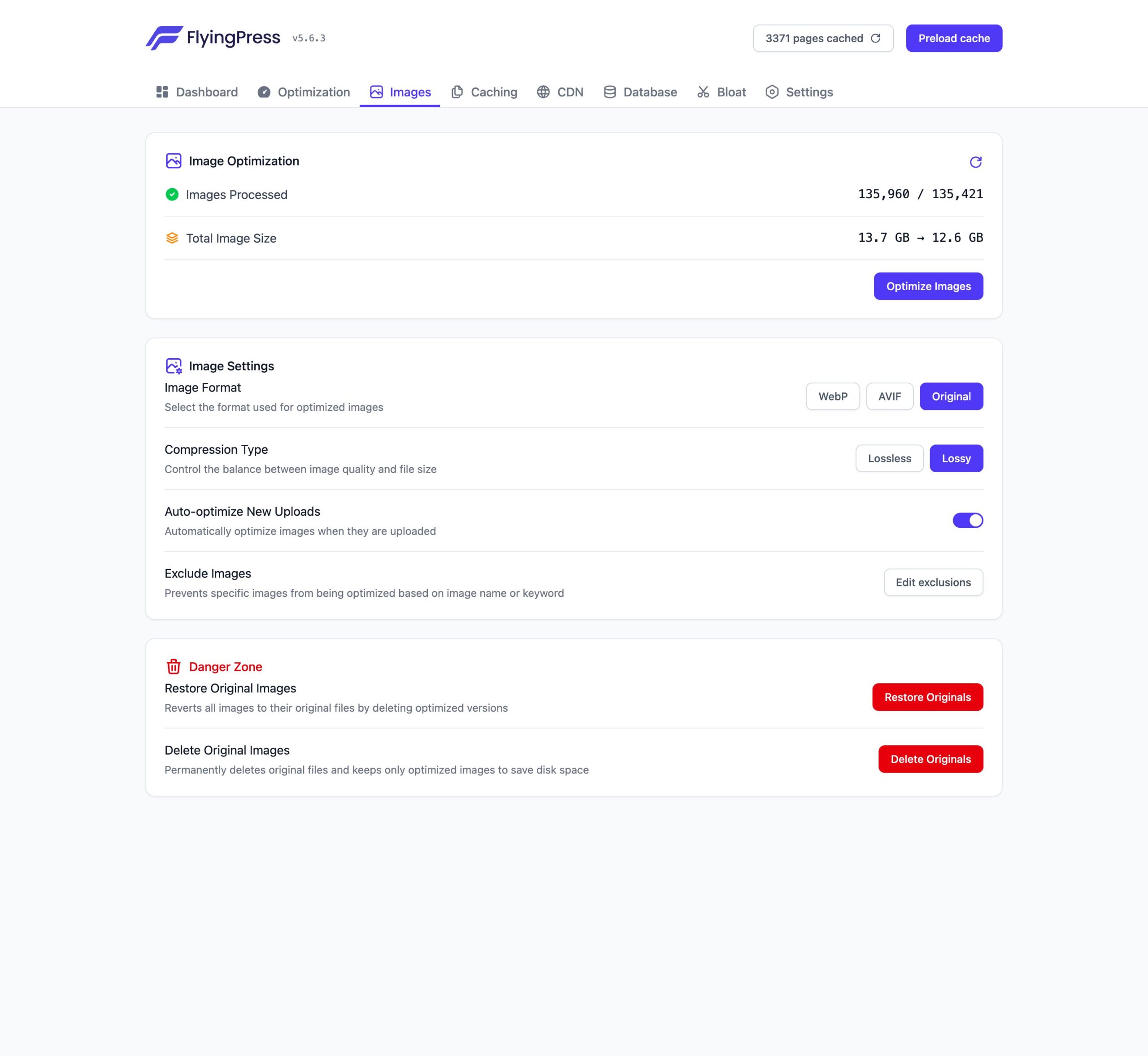 FlyingPress Images tab in the WordPress admin showing WebP and AVIF format, lossy compression, and auto-optimize new uploads for WordPress image optimization