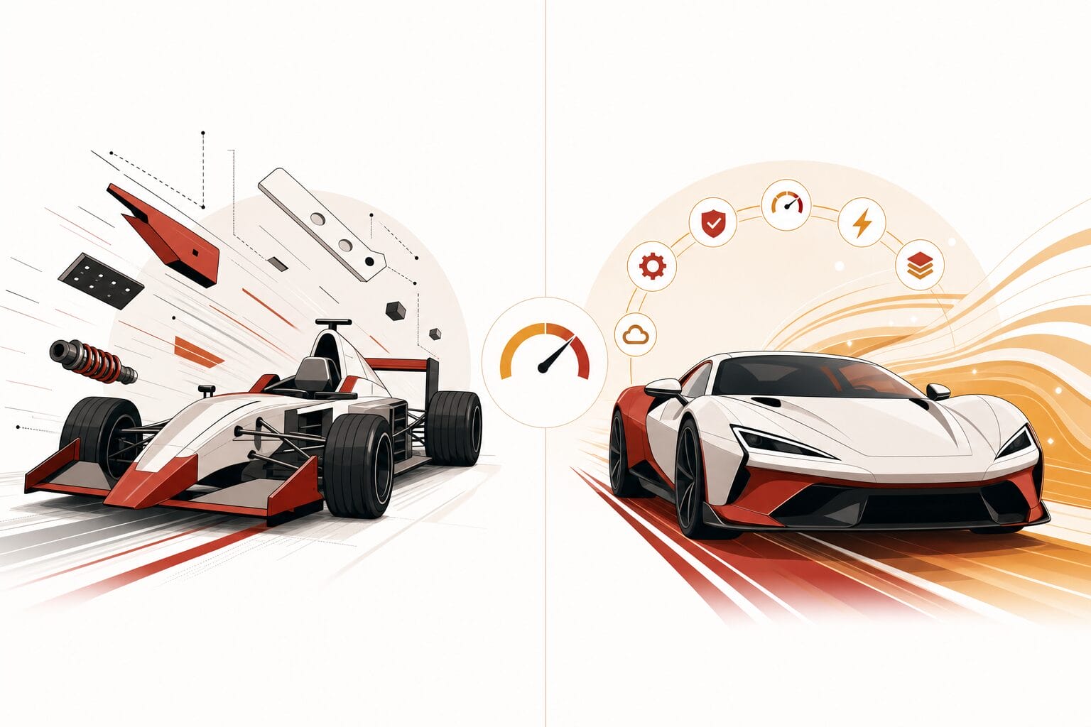 Editorial illustration of FlyingPress as a modular precision race car versus WP Rocket as a polished all-in-one supercar ringed with feature icons