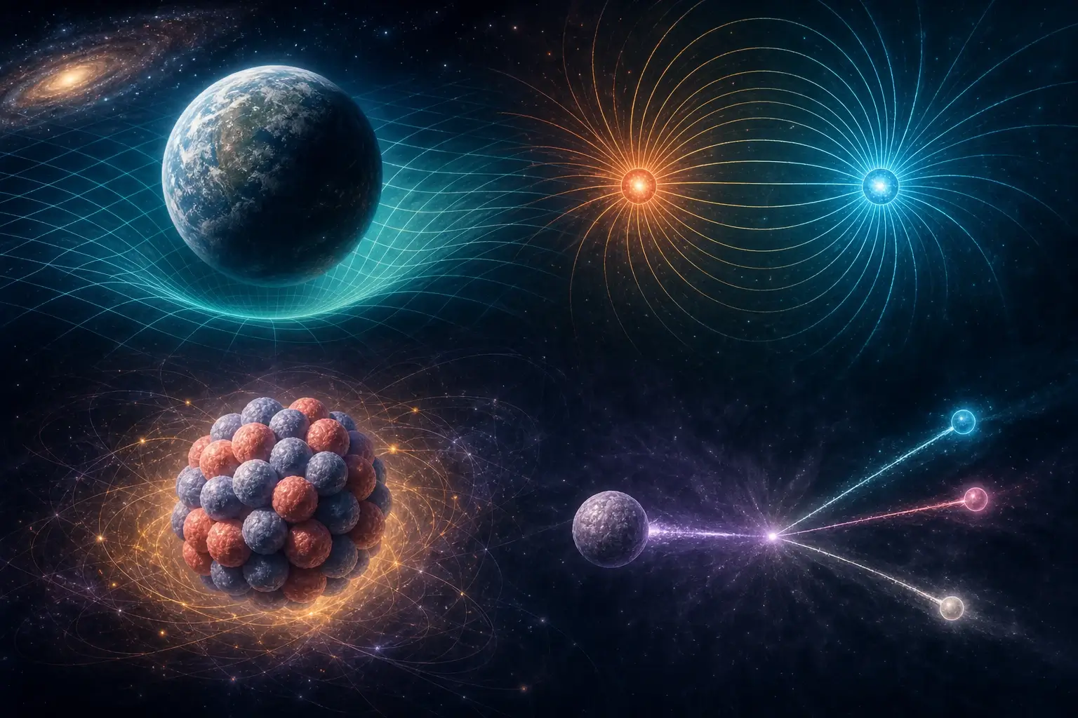 The four fundamental forces shown through gravity, electromagnetism, the strong force, and the weak force