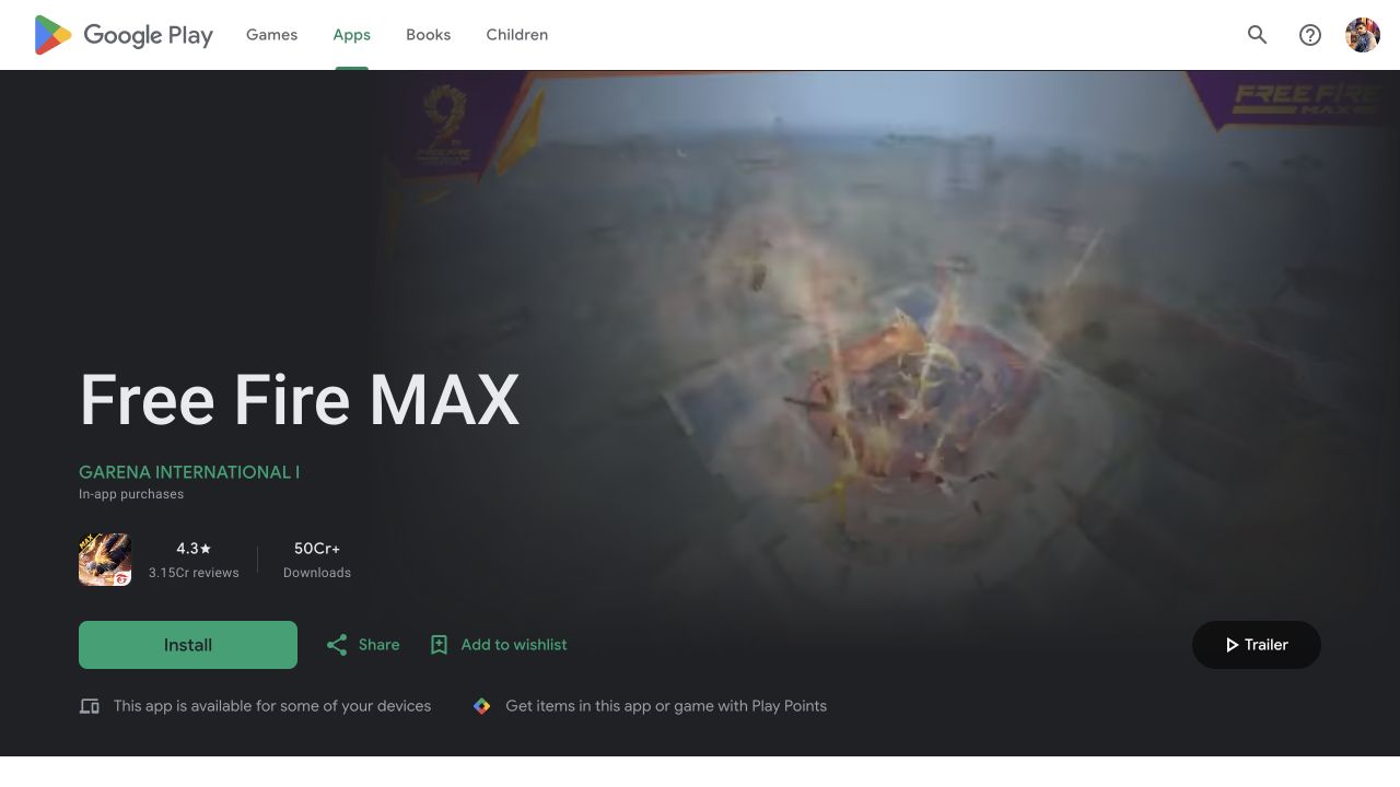 Free Fire MAX Google Play listing in India