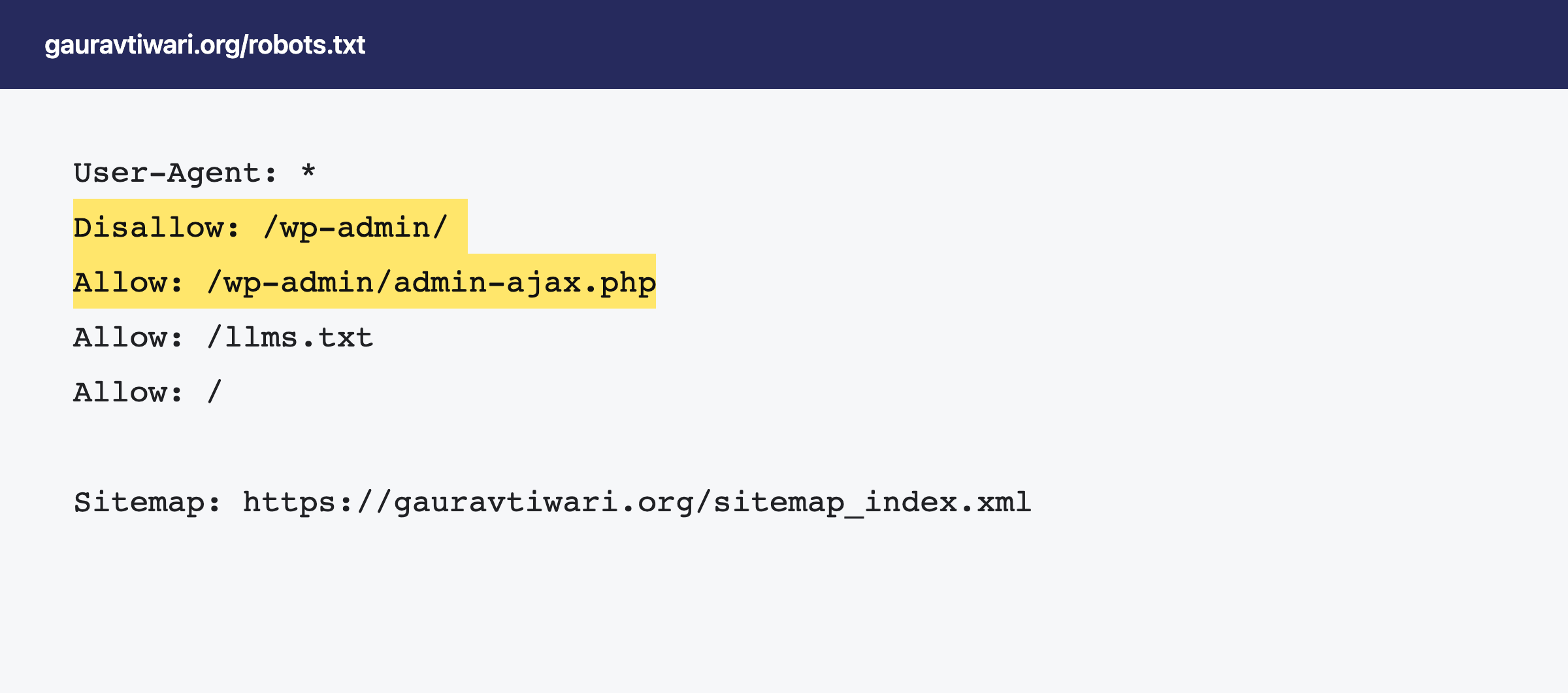 Live WordPress robots.txt file on gauravtiwari.org with wp-admin crawl rules highlighted