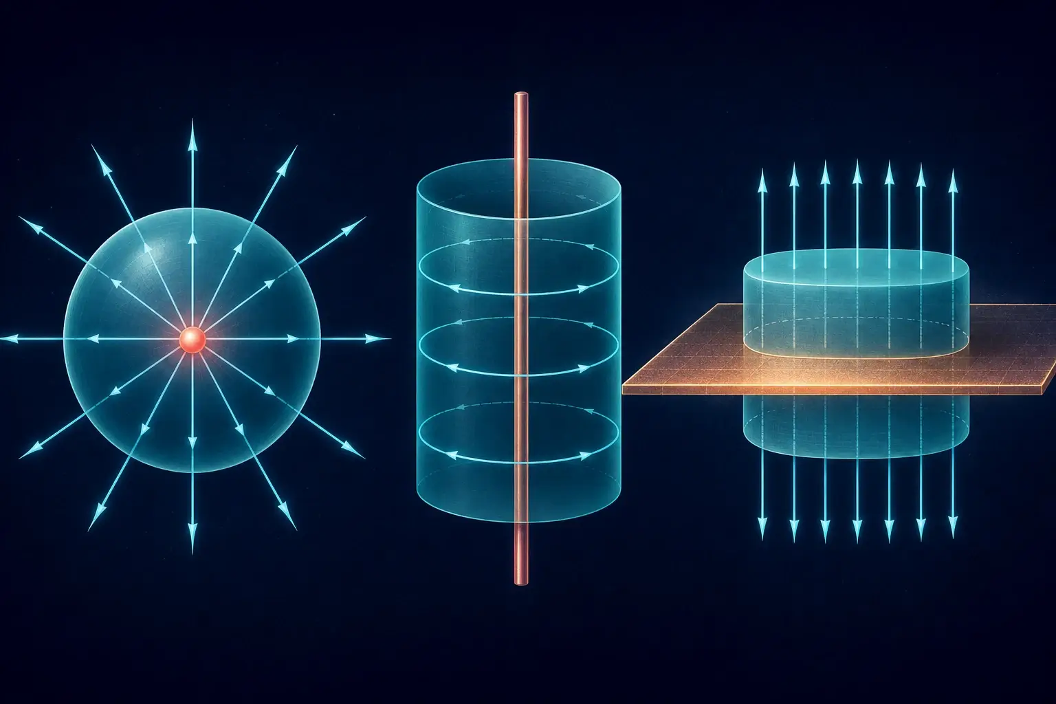 Gauss's law applied to spherical, cylindrical, and planar symmetry