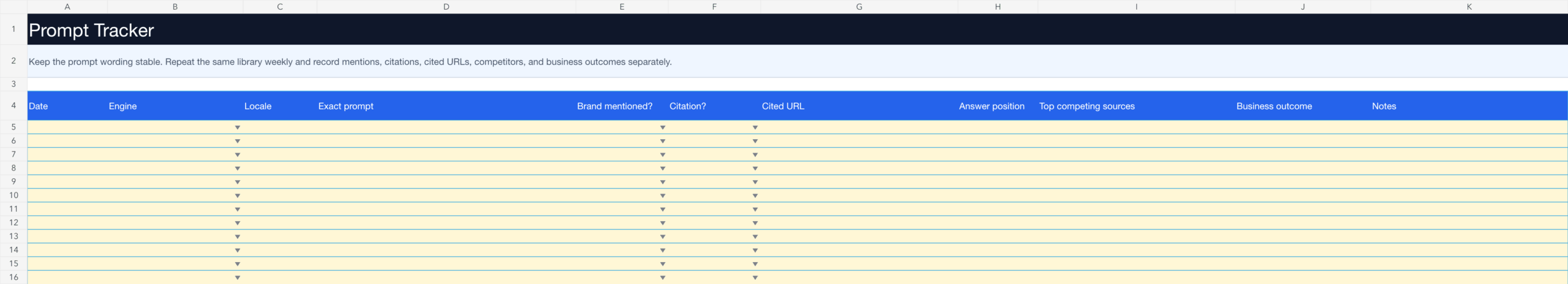GEO prompt tracker for recording AI engine, locale, exact prompt, brand mention, citation, cited URL, and business outcome